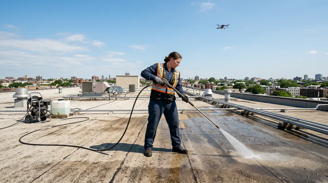 Technicien effectuant un nettoyage manuel de toiture avec une lance haute pression