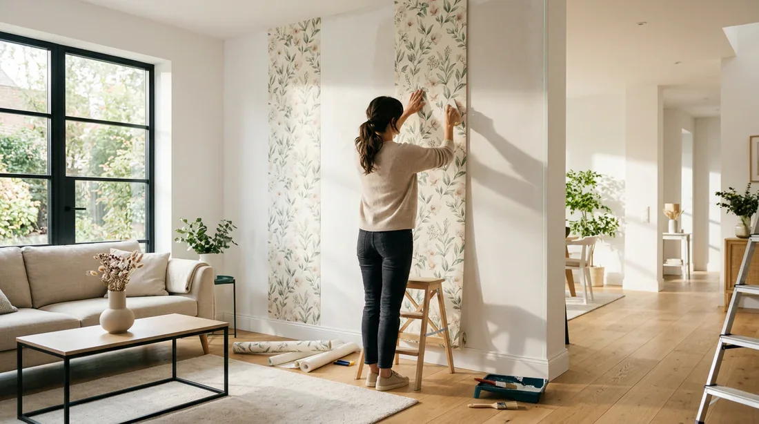 Personne en train de poser du papier peint floral dans un salon rénové