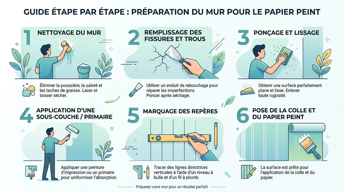 Schéma des étapes de préparation du mur avant tapissage