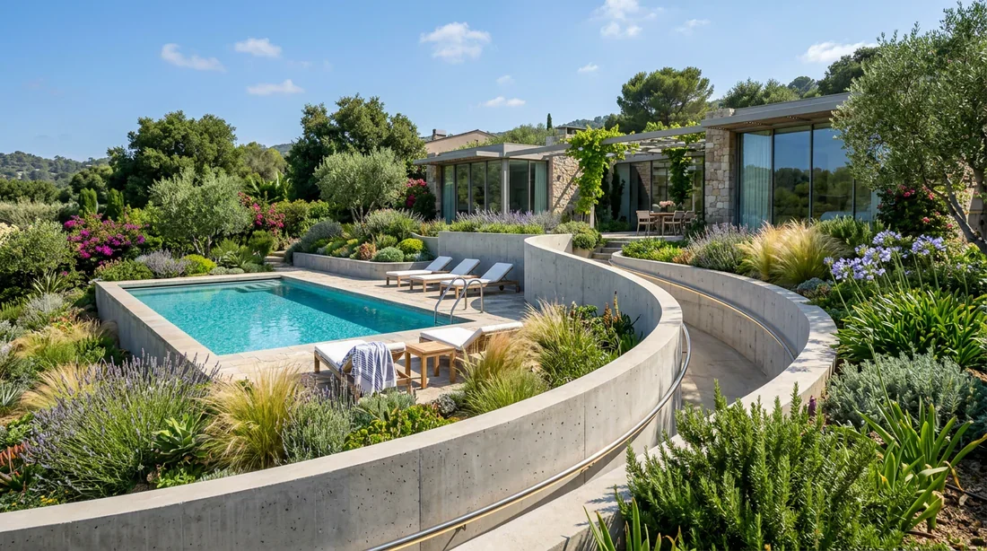 Mur courbe fini en parpaings autour d'une terrasse avec piscine