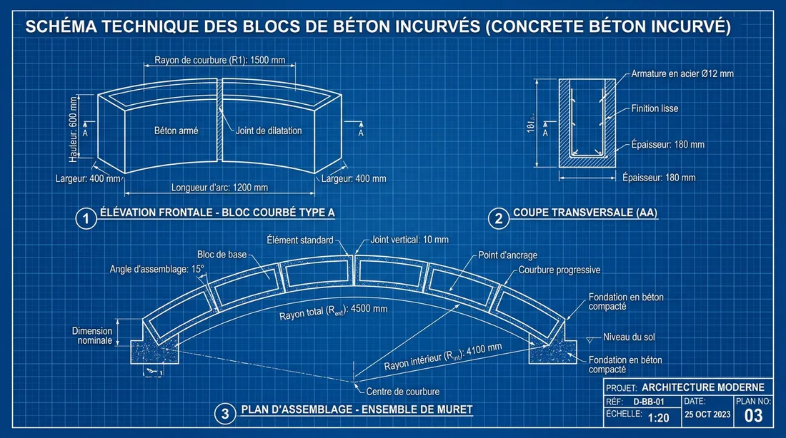 Schéma technique des dimensions et angles des parpaings arrondis