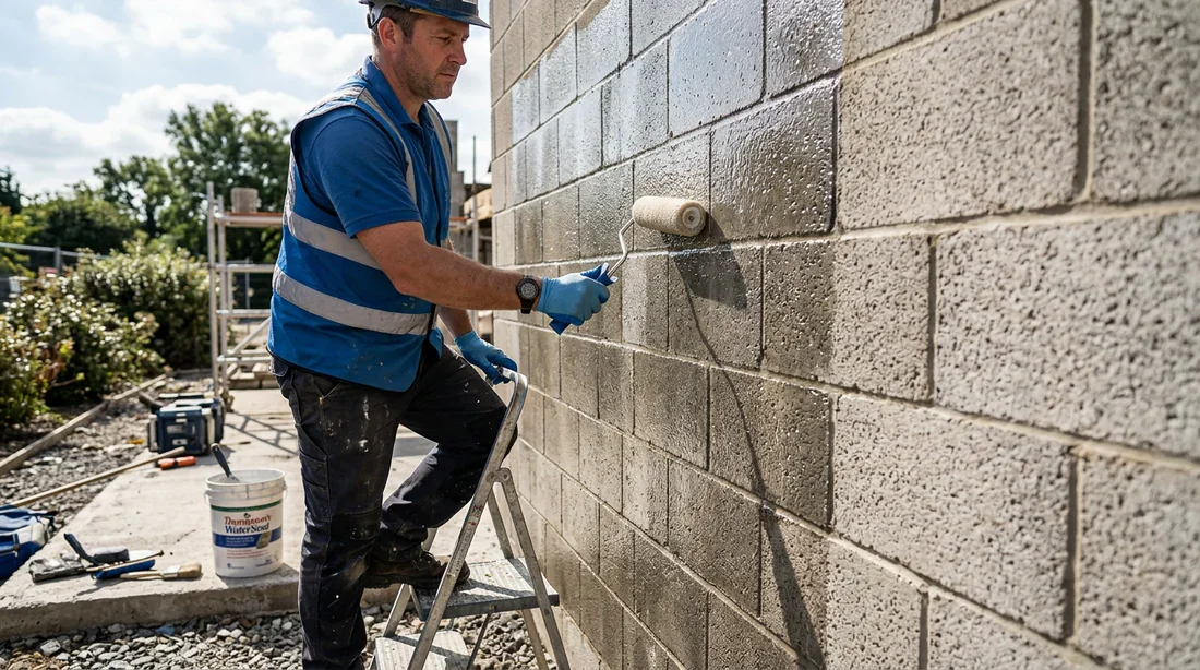 Application d'un traitement hydrofuge liquide sur un mur de clôture en parpaing