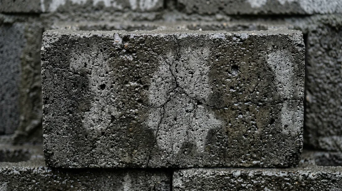 Infiltrations d'humidité et micro-fissures sur un parpaing brut