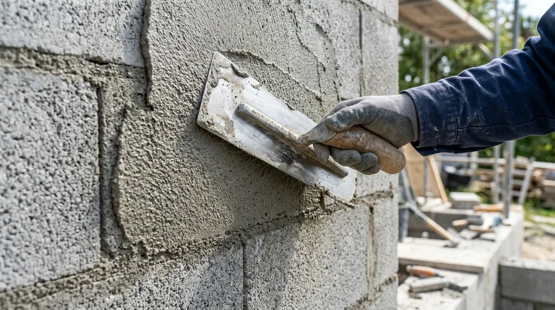 Pose d'un enduit de protection extérieur sur des blocs de parpaing