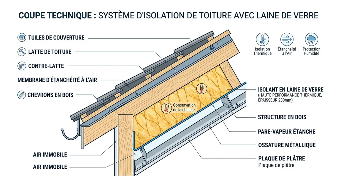 Schéma technique des couches d'isolation sous toiture