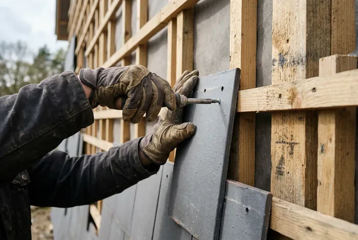 Artisan posant une tuile plate sur un liteau en bois vertical