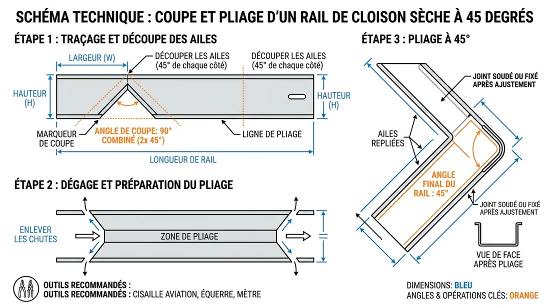 Schéma explicatif de la découpe et du pliage à 45 degrés d'un rail placo