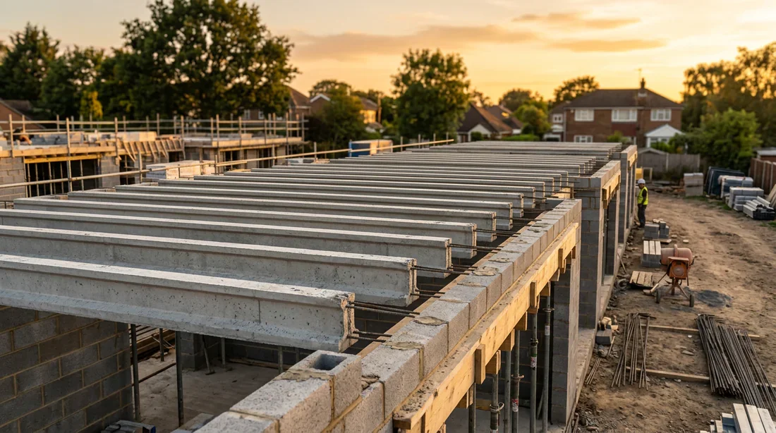 Structure de plancher avec poutrelles précontraintes posées sur maçonnerie