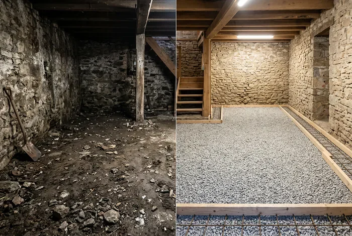 Comparaison avant après rénovation d'un sol en terre battue dans une cave