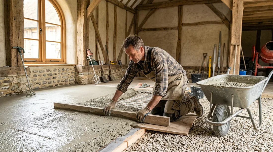Coulage d'une dalle en béton de chaux sur hérisson