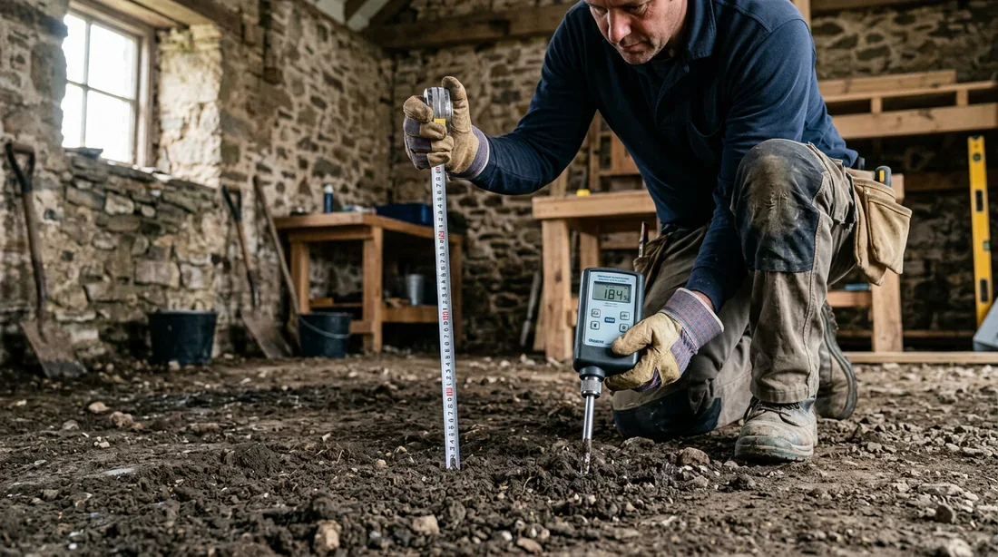 Préparation et mesure du sol en terre battue avant travaux