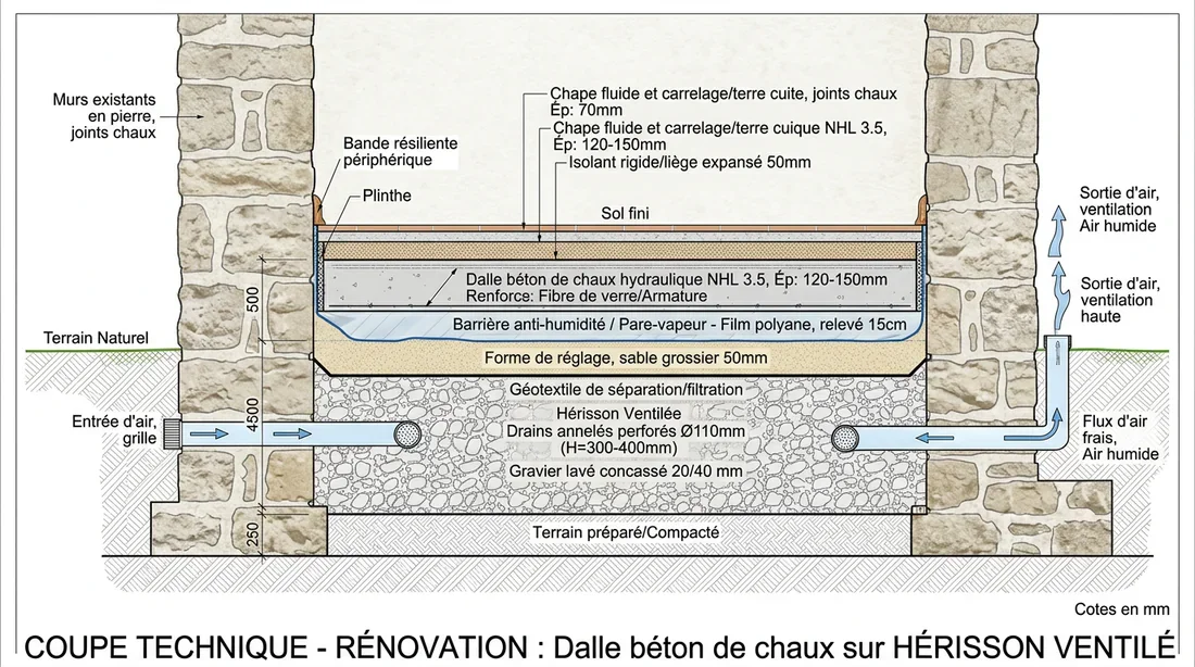 Schéma technique de la structure d'un hérisson drainant sous dalle