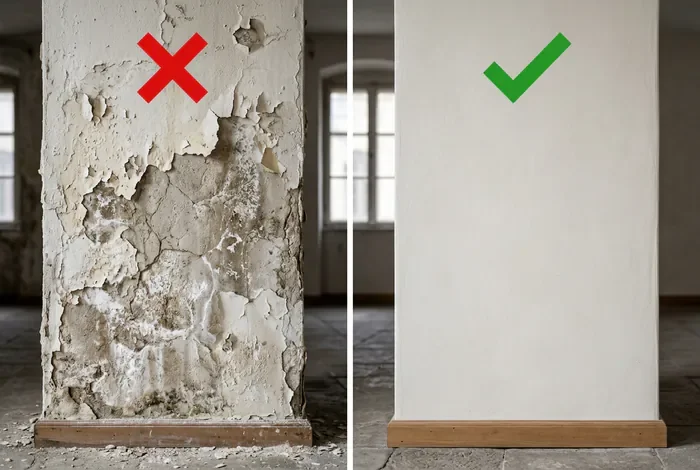 Comparaison entre un mur au ciment dégradé et un mur sain à la chaux