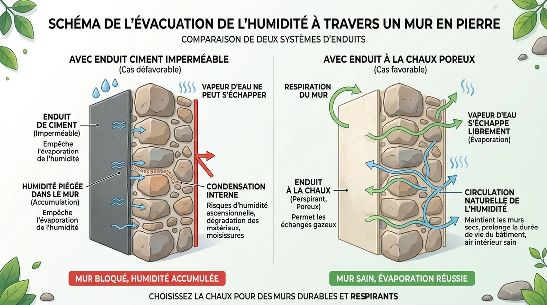 Schéma expliquant la respirabilité et la régulation de l'humidité par la chaux