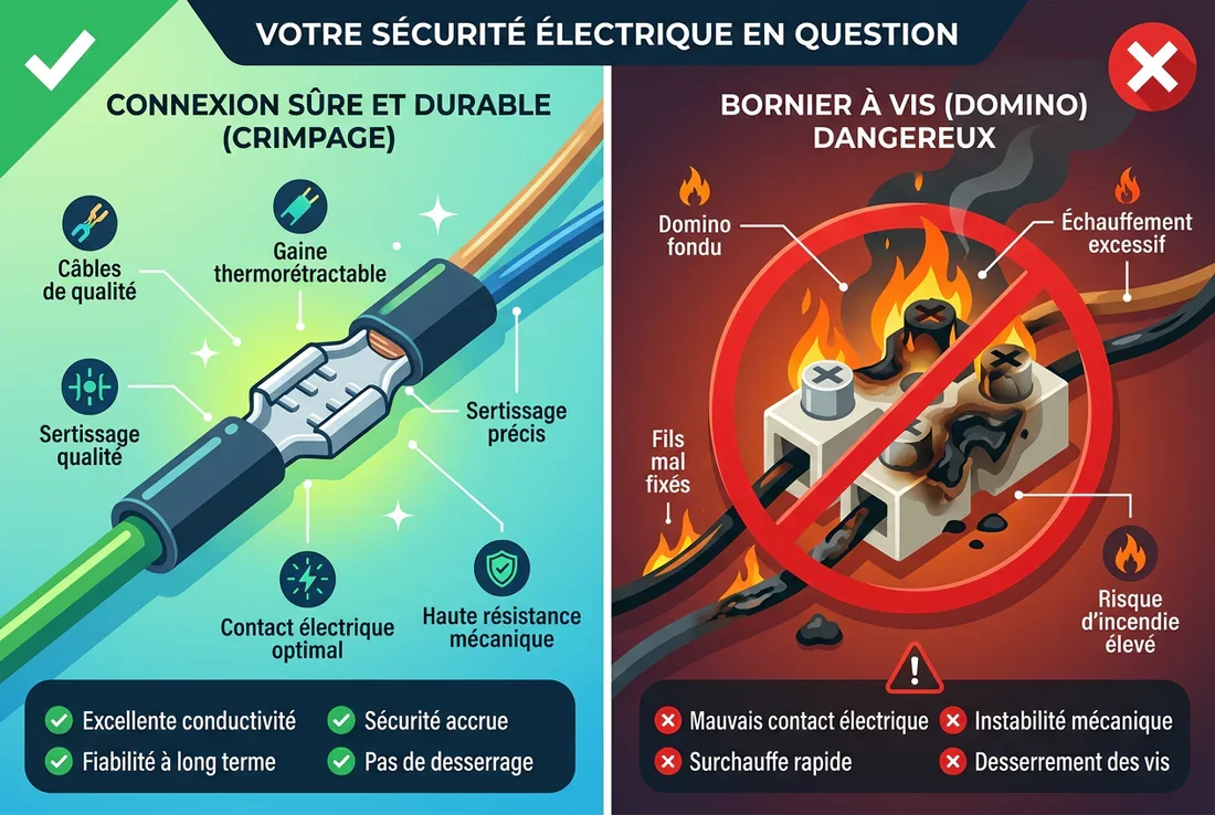 Électricien professionnel effectuant un sertissage sécurisé sur un câble électrique 16mm²