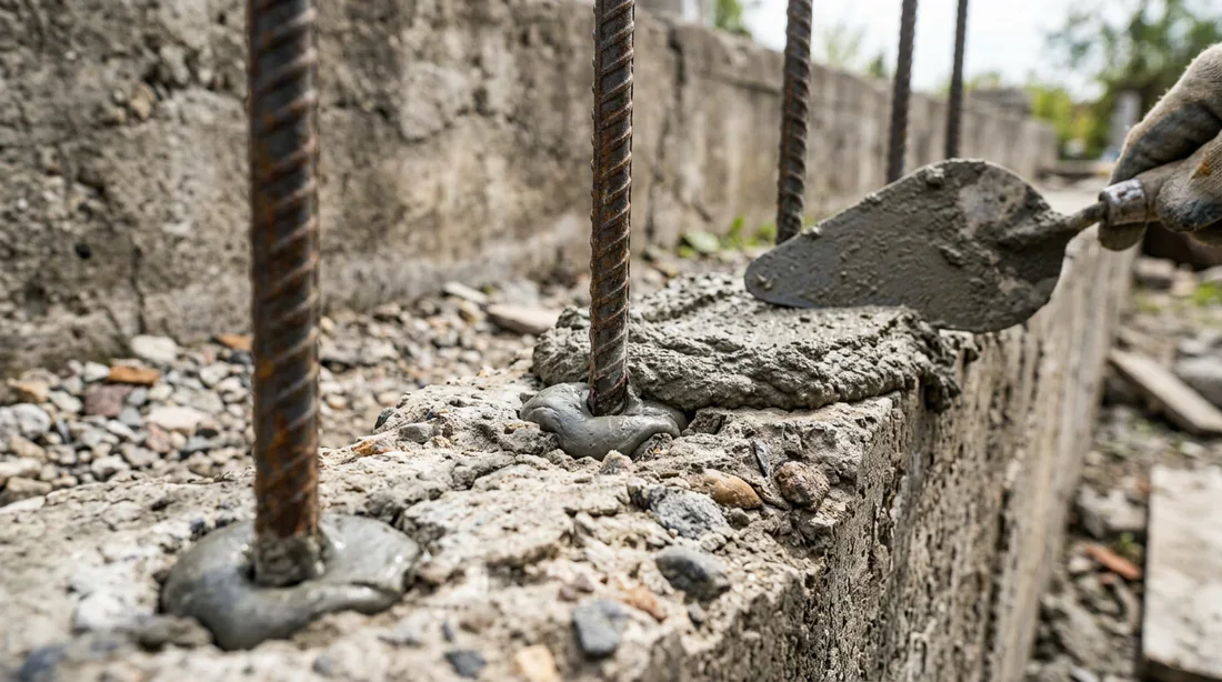 Fers à béton verticaux scellés chimiquement dans le mur existant