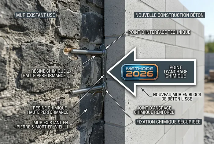 Infographie montrant la jonction entre l'ancien mur et le nouveau parpaing avec scellement chimique