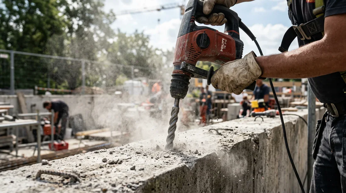 Perçage de trous verticaux dans l'ancien mur pour la fixation des armatures