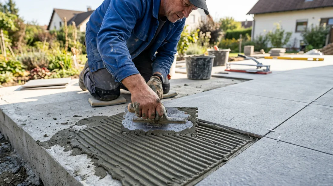 Pose de carrelage sur dalle béton terrasse Artisan en train de poser du carrelage extérieur sur une dalle béton