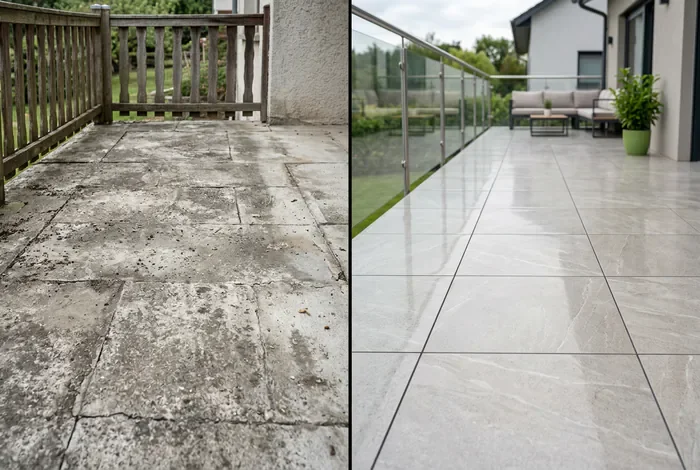 Comparatif avant après rénovation d'un sol de terrasse en béton