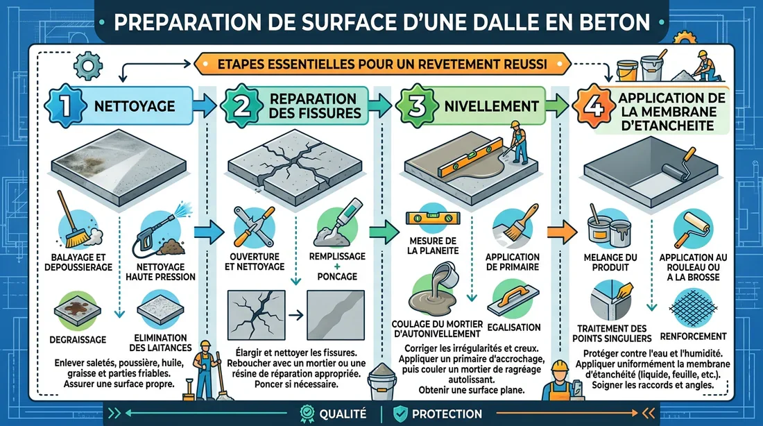 Étapes de préparation d'une dalle en béton Schéma des étapes de préparation de la dalle béton avant pose du revêtement