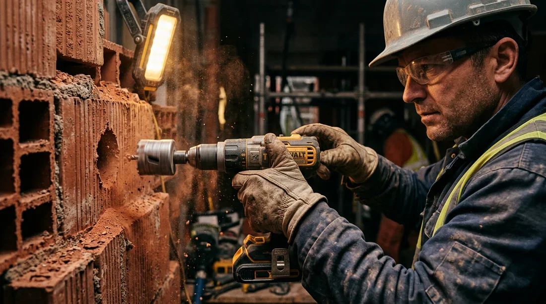 Perçage du mur en brique pour le boîtier Action de perçage minutieux d'un mur en brique rouge avec un trépan