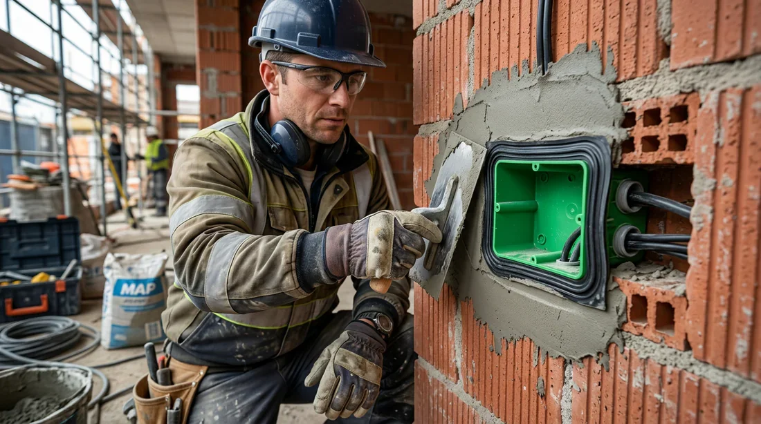 Scellement d'une boîte d'encastrement électrique dans de la brique creuse Électricien professionnel lissant du MAP autour d'une boîte d'encastrement dans un mur en brique