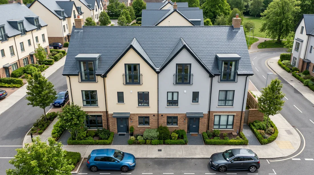 Toiture partagée de maisons de ville Toiture partagée entre deux maisons de ville mitoyennes avec façades distinctes
