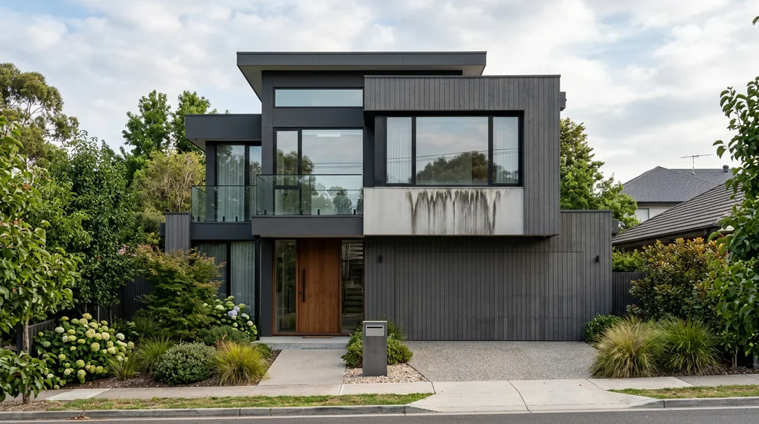 Façade de maison contemporaine avec traces noires de pollution et moisissures sous la fenêtre