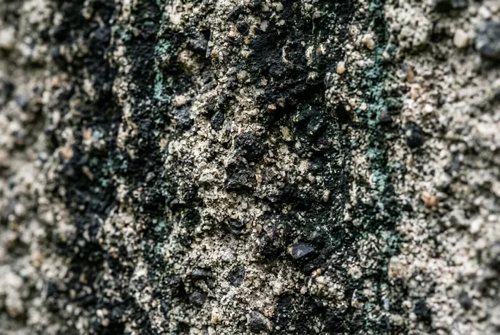 Gros plan sur une façade avec des taches noires de cyanobactéries