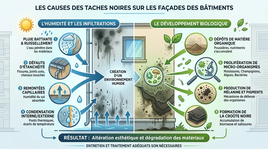 Infographie explicative des causes des traces noires sur les façades