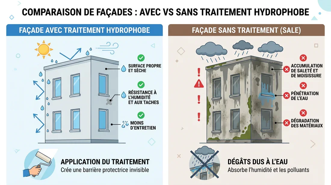 Schéma montrant l'application d'un traitement hydrofuge sur façade