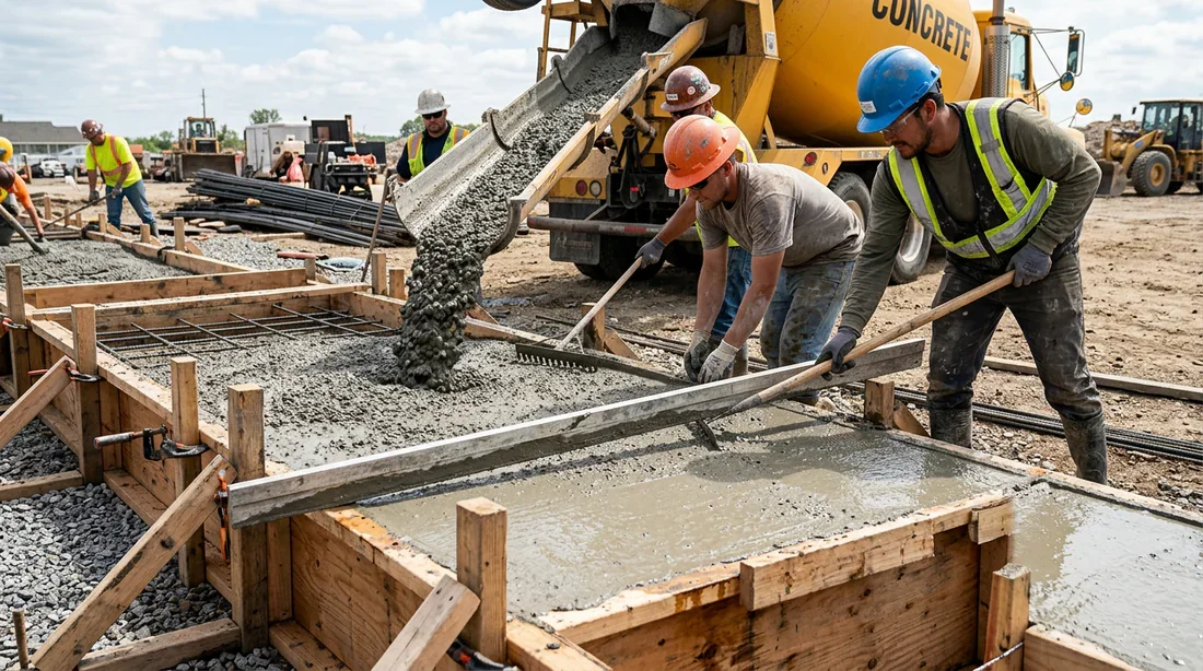 Coulage et étalement du béton dans les coffrages en bois