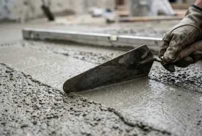 Gros plan sur une taloche lissant du béton frais avec une règle de maçon