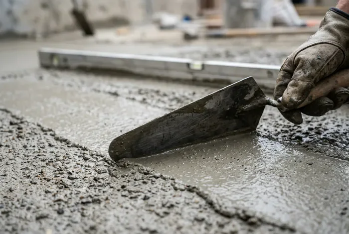Gros plan sur une taloche lissant du béton frais avec une règle de maçon