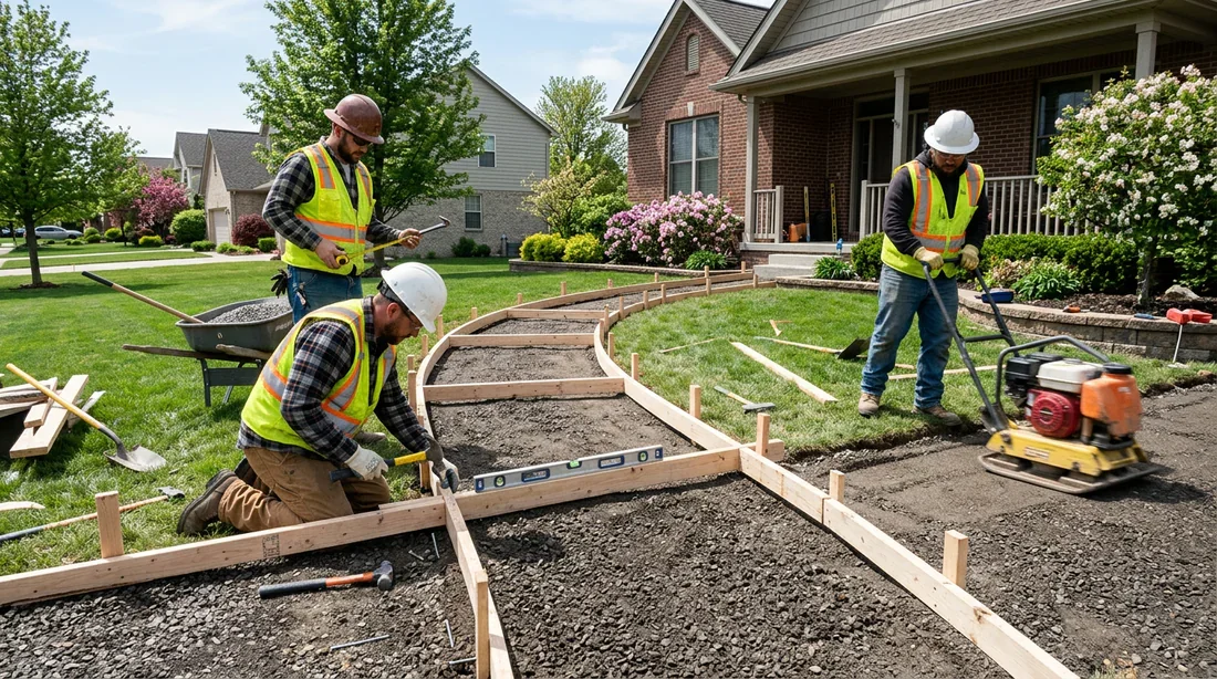 Préparation du coffrage et du sol pour la réalisation d'un trottoir en béton