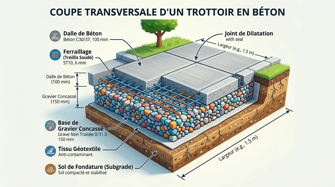 Schéma en coupe montrant la structure et les couches d'un trottoir en béton