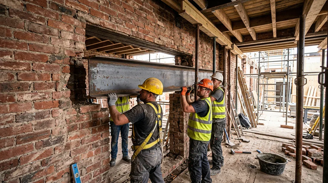 Artisans maçons installant le linteau métallique IPN dans l'ouverture du mur