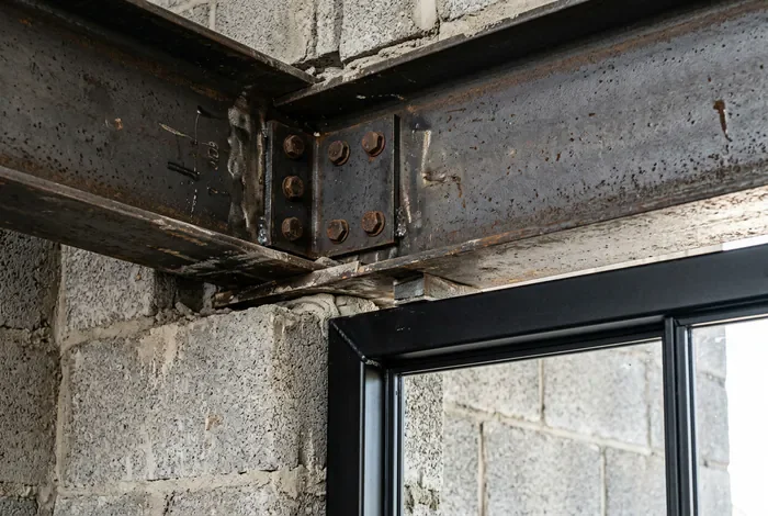 Gros plan sur une poutre métallique IPN encastrée soutenant une verrière