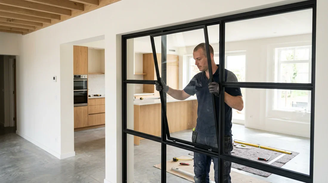 Installation de la verrière atelier sur mesure sous la poutre IPN