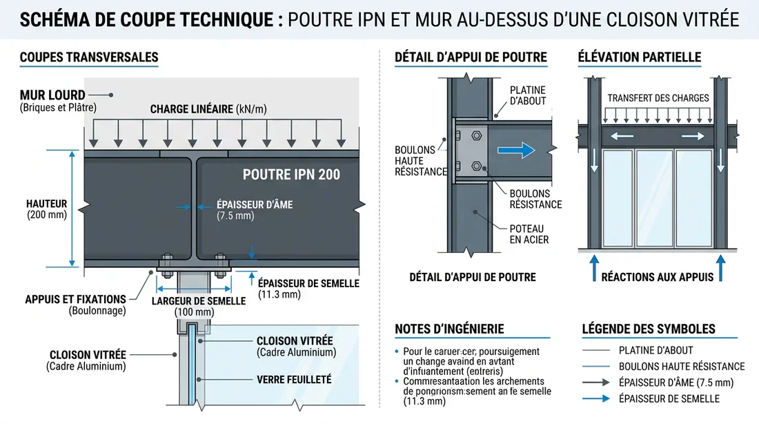 Schéma technique du dimensionnement et calcul des charges pour poutre IPN